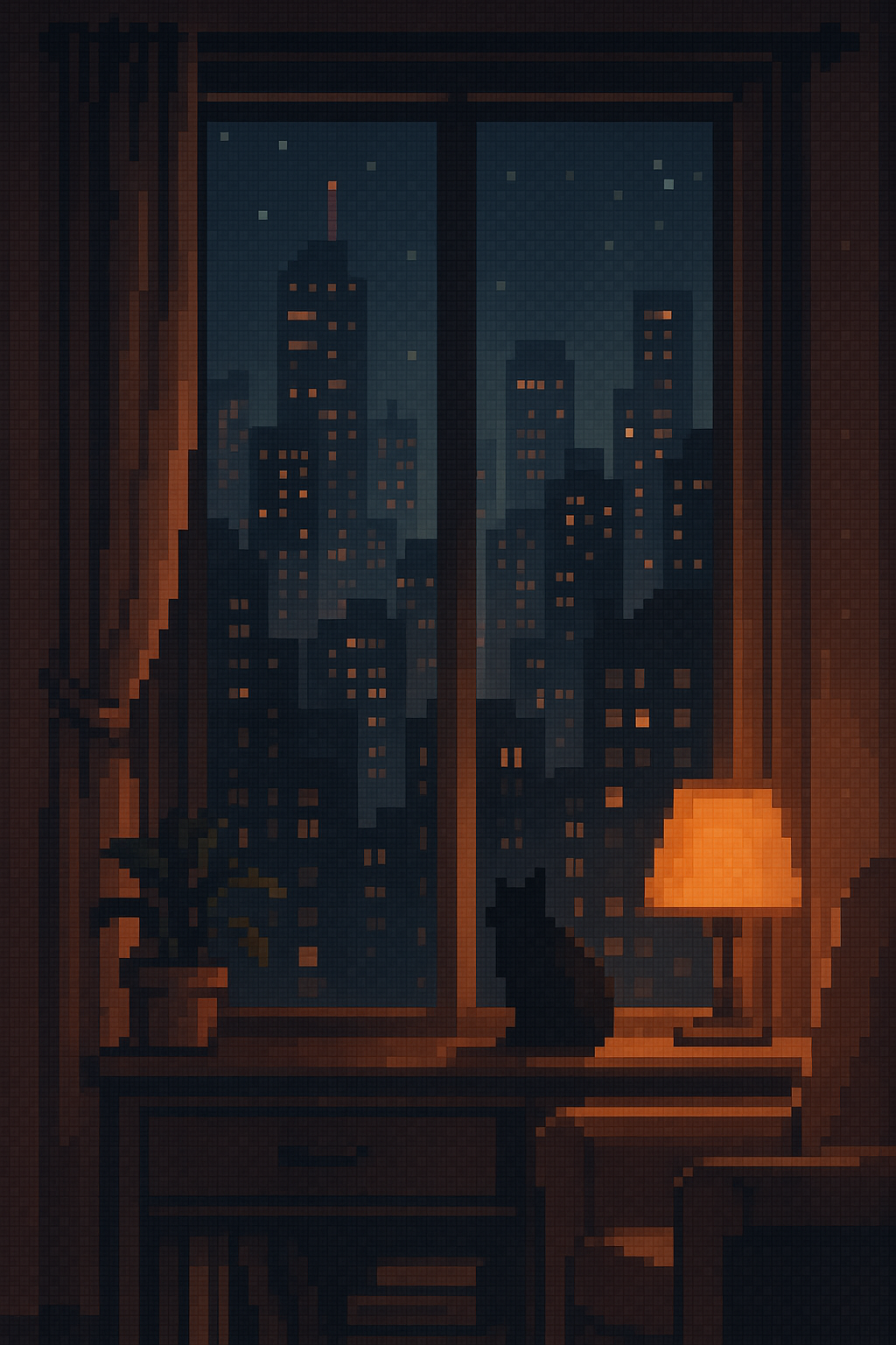 Office desk with pixel city poster